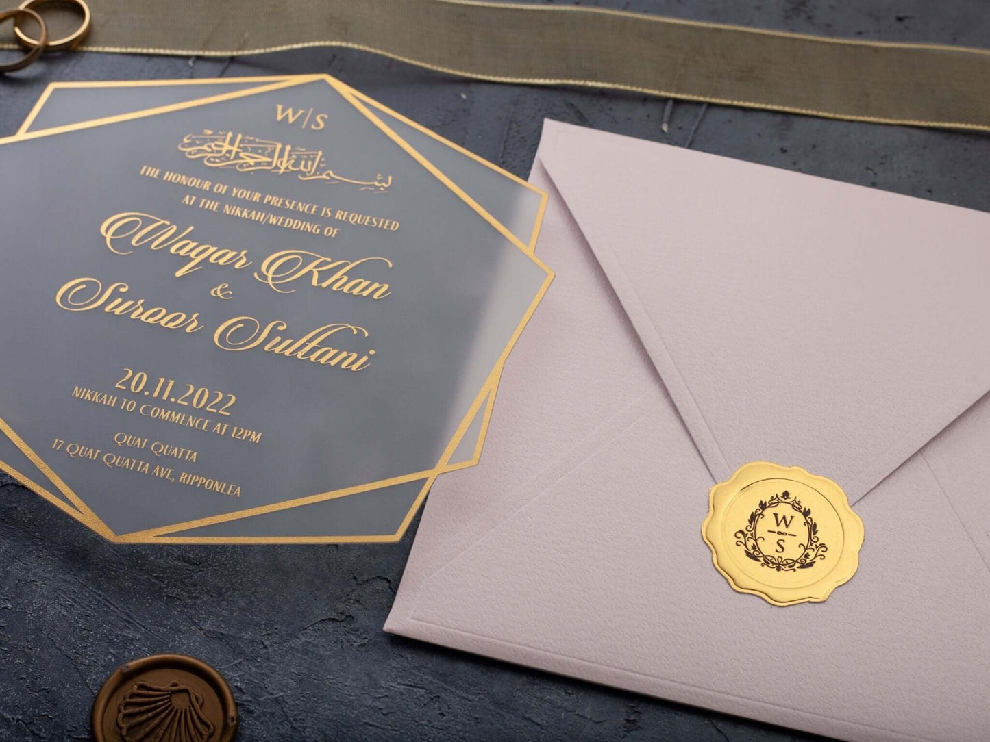 Acrylic Muslim Wedding Invitation with Blush Pink Envelope