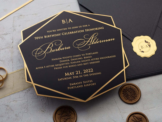 Black and Gold Acrylic Birthday Invitations for Women and Men