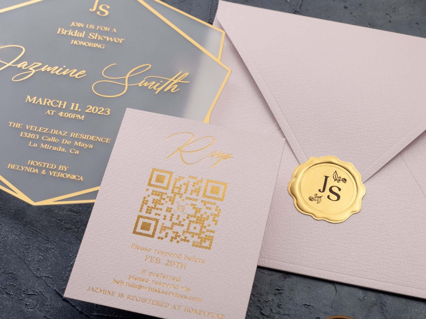 Bridal Shower Invitation with Acrylic Gold Foil and Pink Envelope