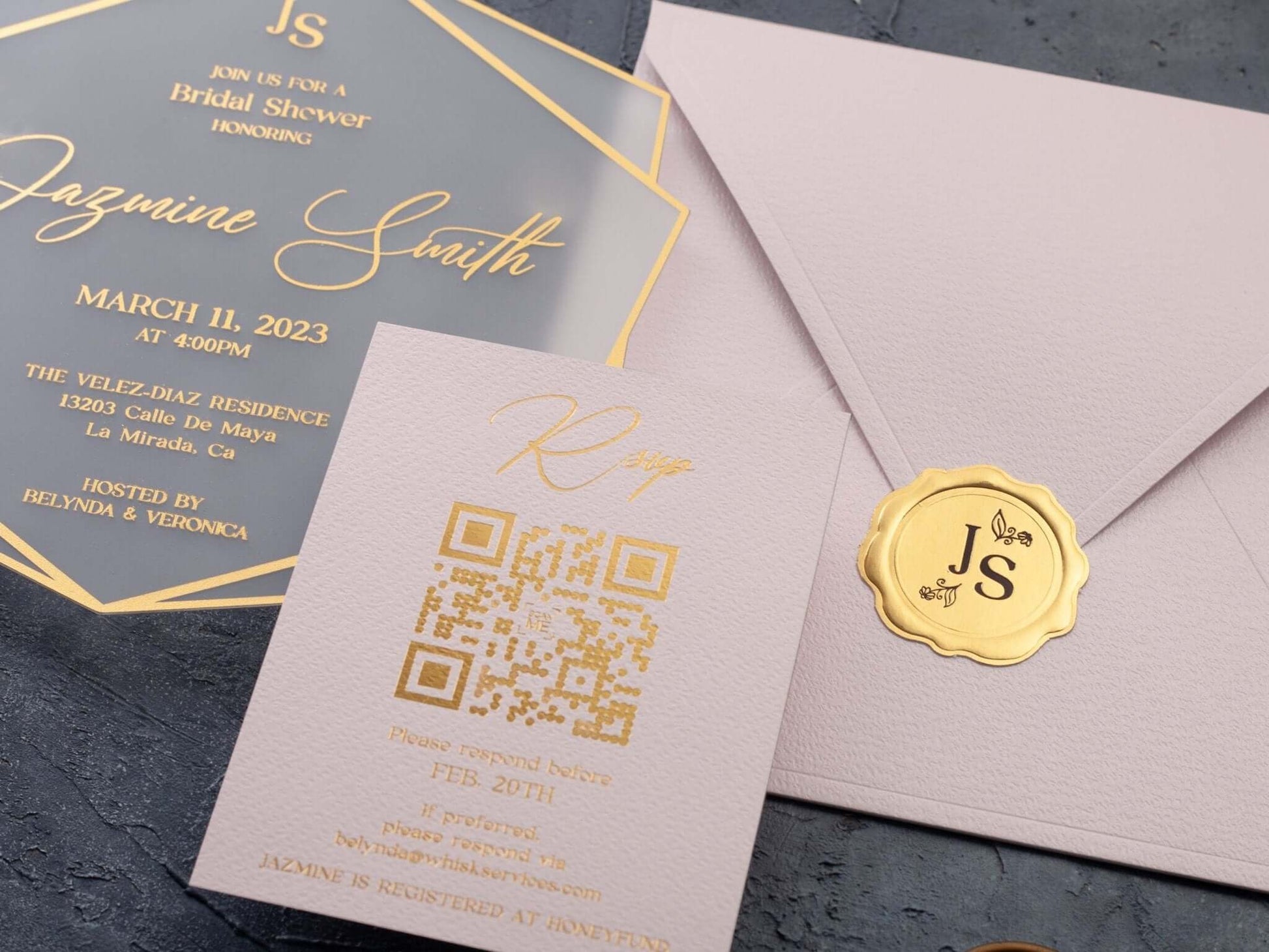 Bridal Shower Invitation with Acrylic Gold Foil and Pink Envelope
