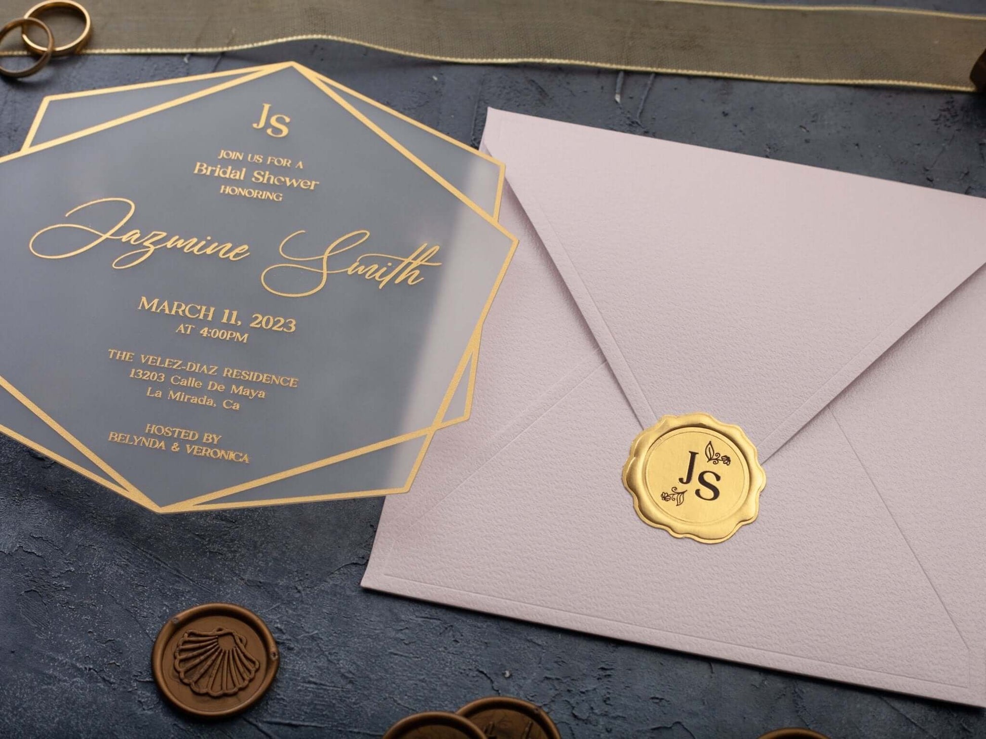 Bridal Shower Invitation with Acrylic Gold Foil and Pink Envelope