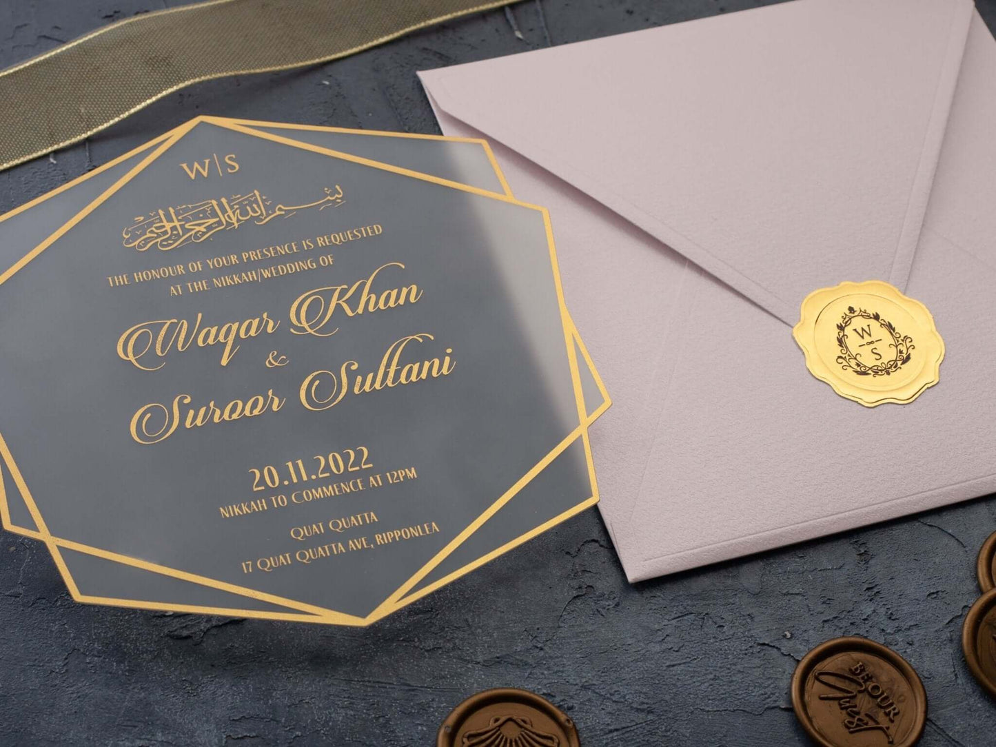 Acrylic Muslim Wedding Invitation with Blush Pink Envelope