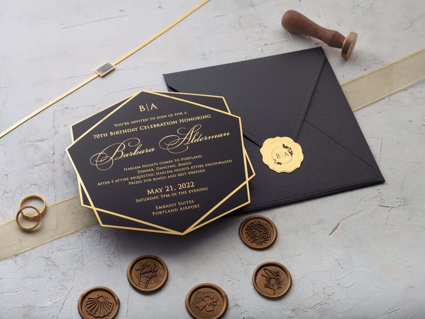 Black and Gold Acrylic Birthday Invitations for Women and Men