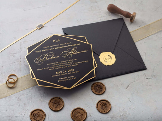 Black and Gold Acrylic Birthday Invitations for Women and Men