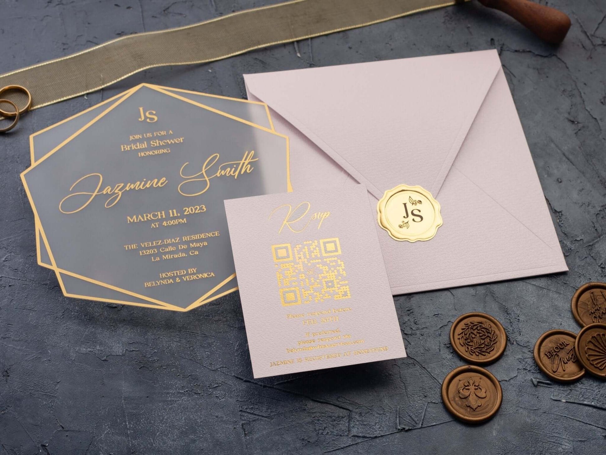 Bridal Shower Invitation with Acrylic Gold Foil and Pink Envelope
