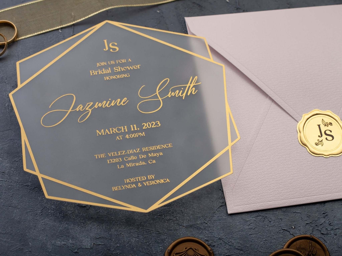 Bridal Shower Invitation with Acrylic Gold Foil and Pink Envelope