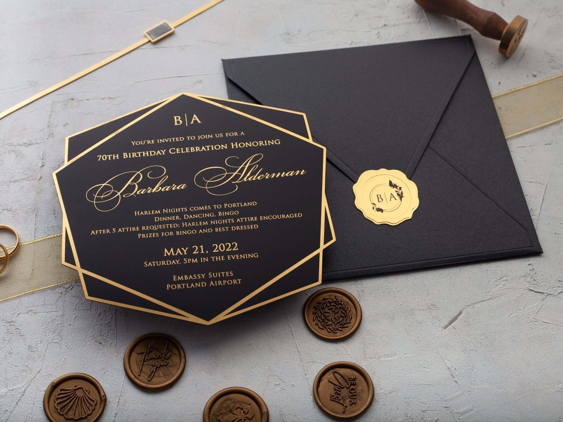 Black and Gold Acrylic Birthday Invitations for Women and Men