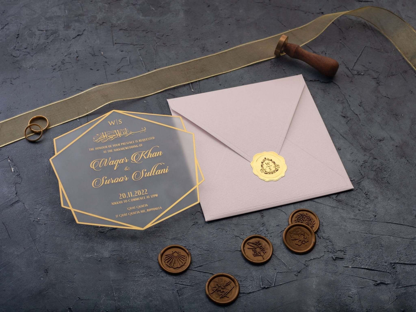 Acrylic Muslim Wedding Invitation with Blush Pink Envelope