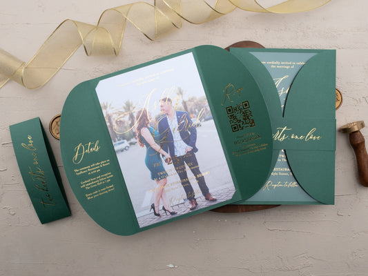 Luxury acrylic wedding invitation suite with gold foil, gatefold jacket design, and RSVP card – featured in blush and navy tones.