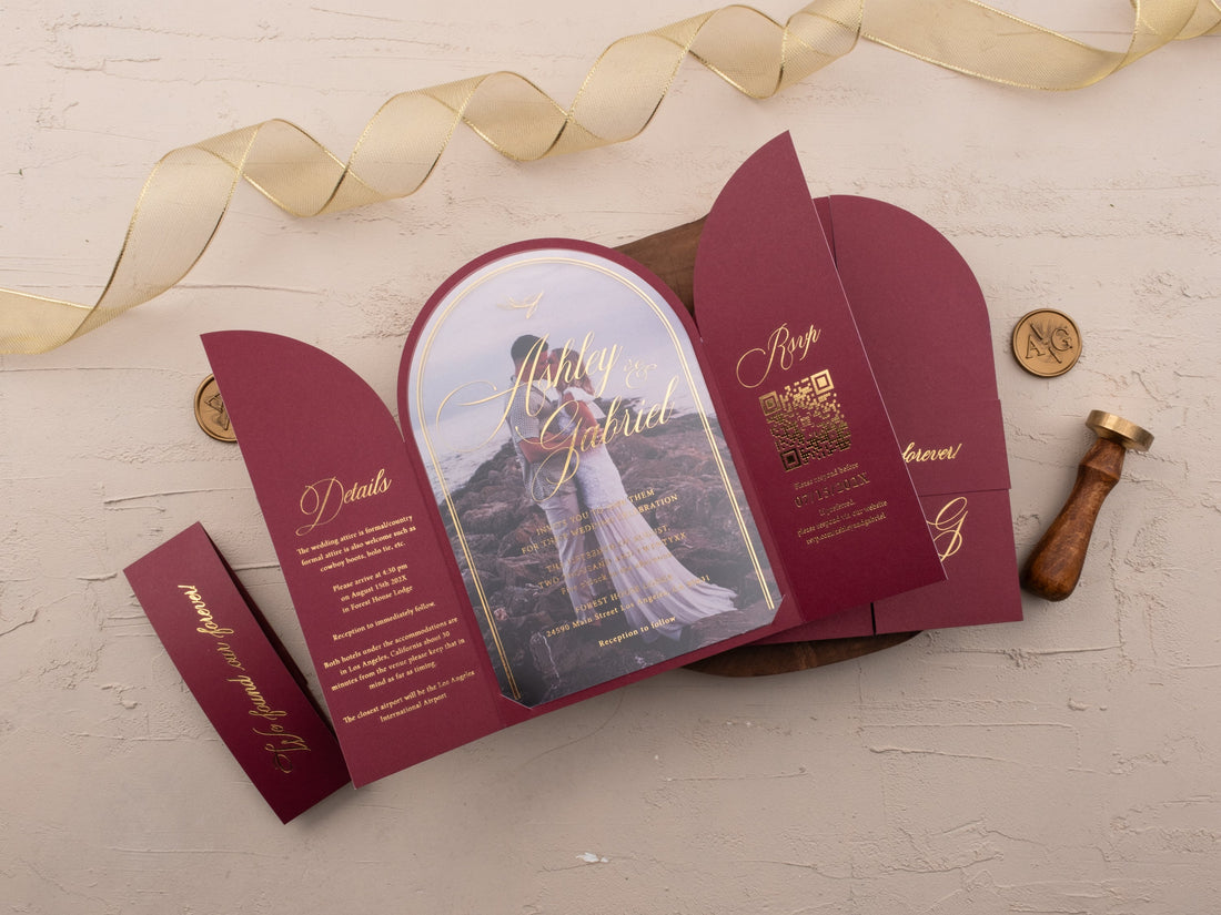 Trending wedding invitation designs for 2027: arch, acrylic, passport and photo invitations by Halya Wedding
