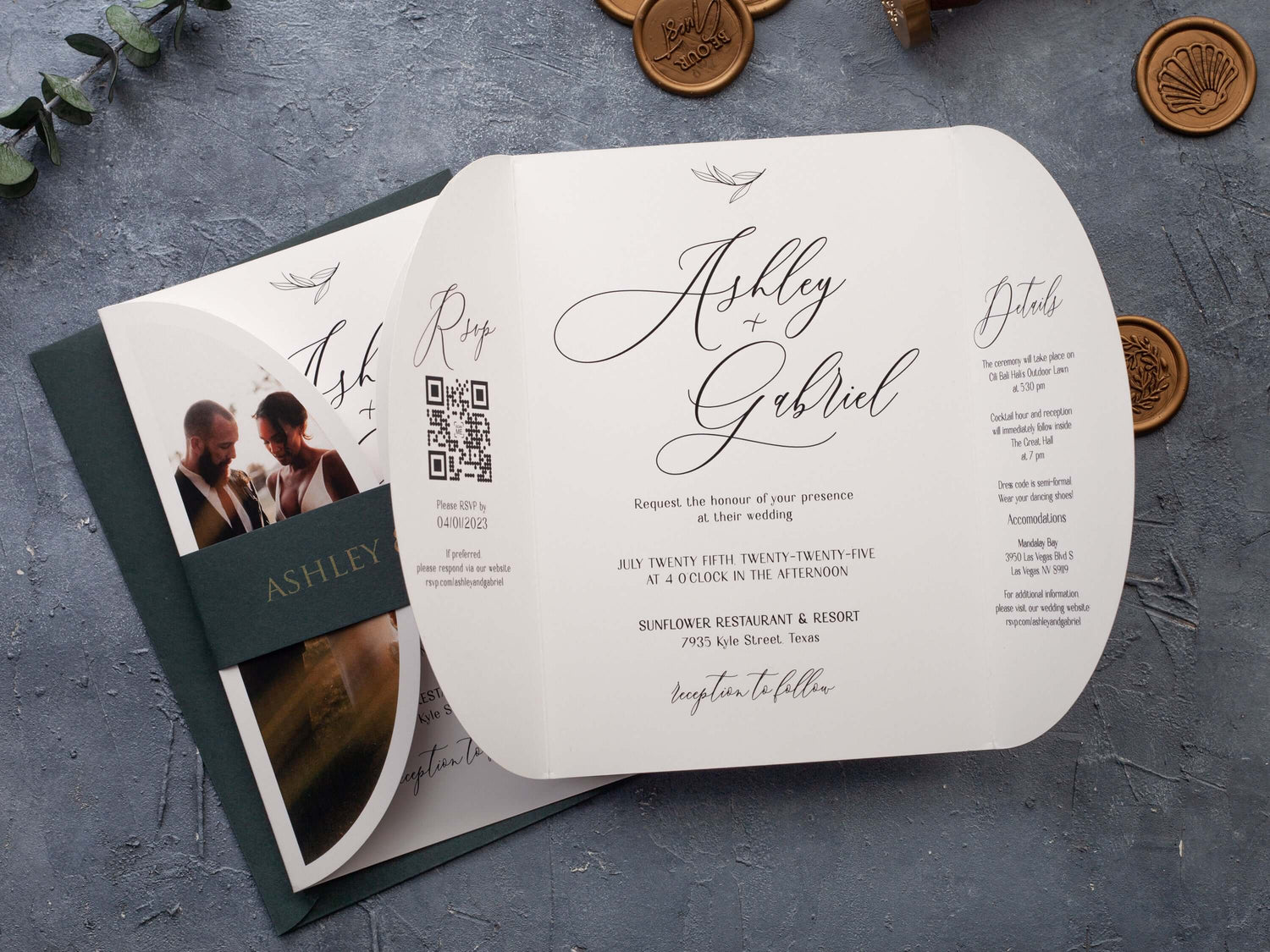 Close-up of paper wedding invitation details and texture