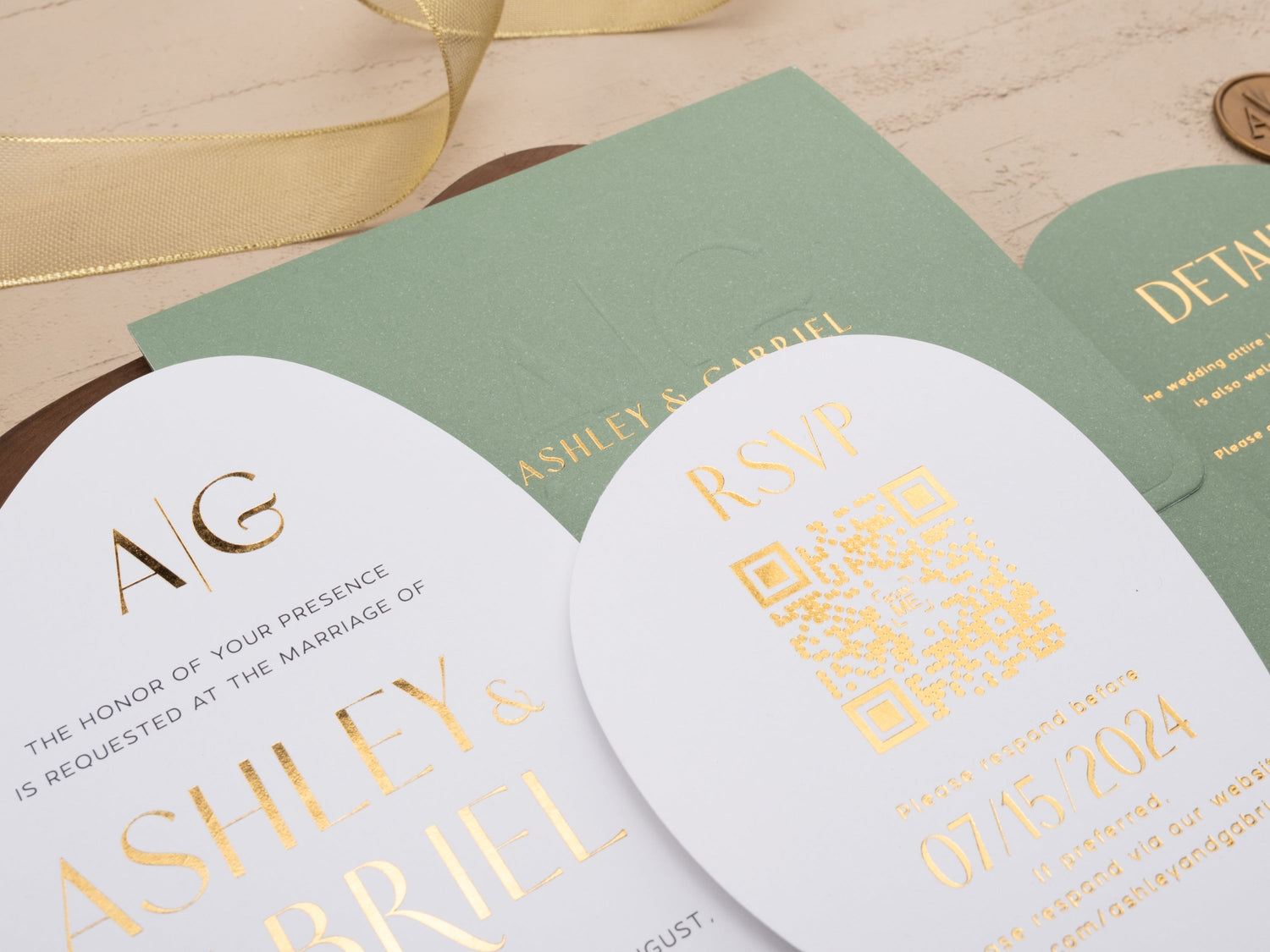 Modern Oval Wedding Invitations with Embossed Monogram