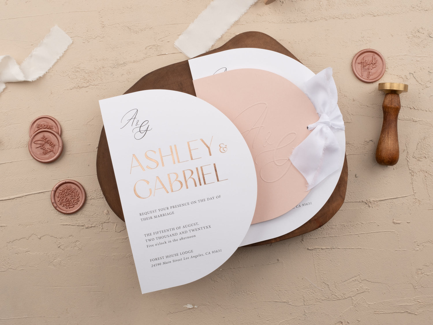 Rose gold foil wedding invitations with blush pink design on premium card stock