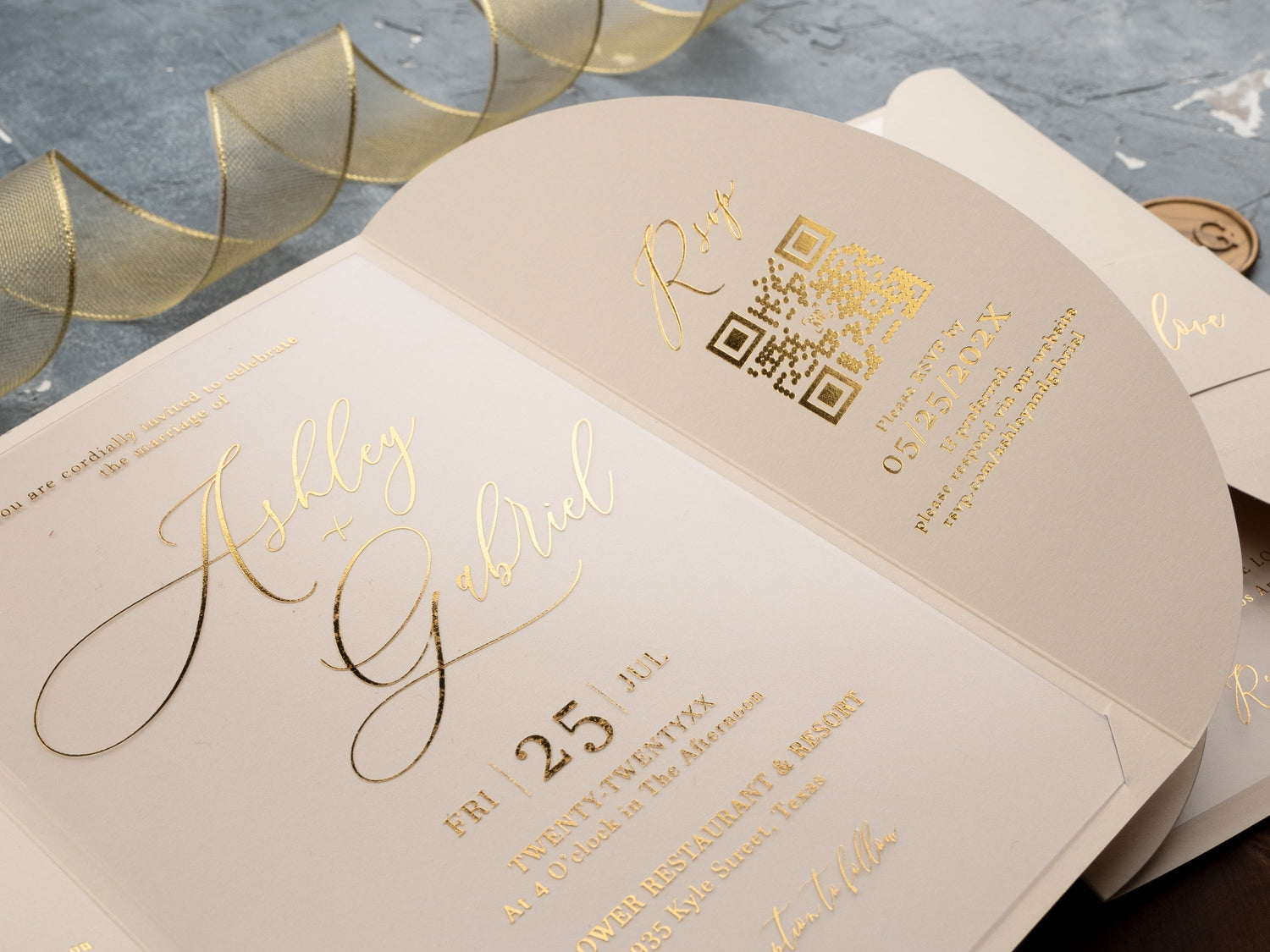 Luxury gatefold wedding invitation suite with acrylic insert and gold foil details, shown in blush, navy, ivory, emerald, burgundy, and black.