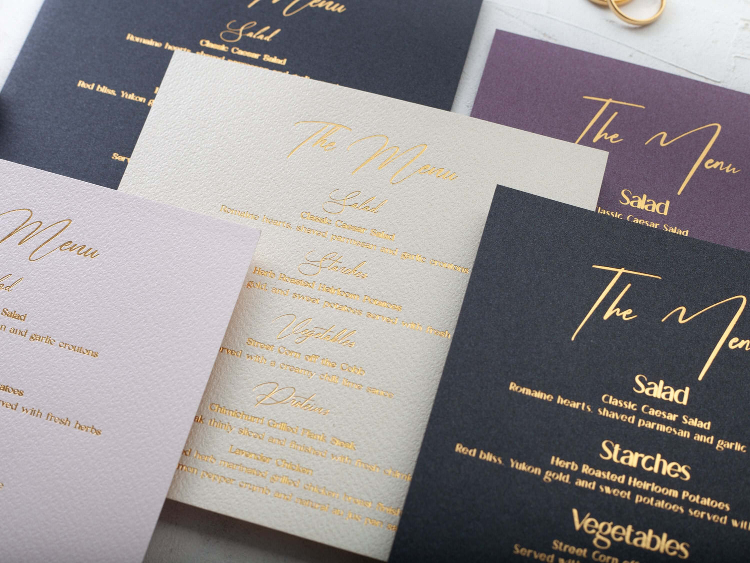 Close-up of wedding menu card text and layout
