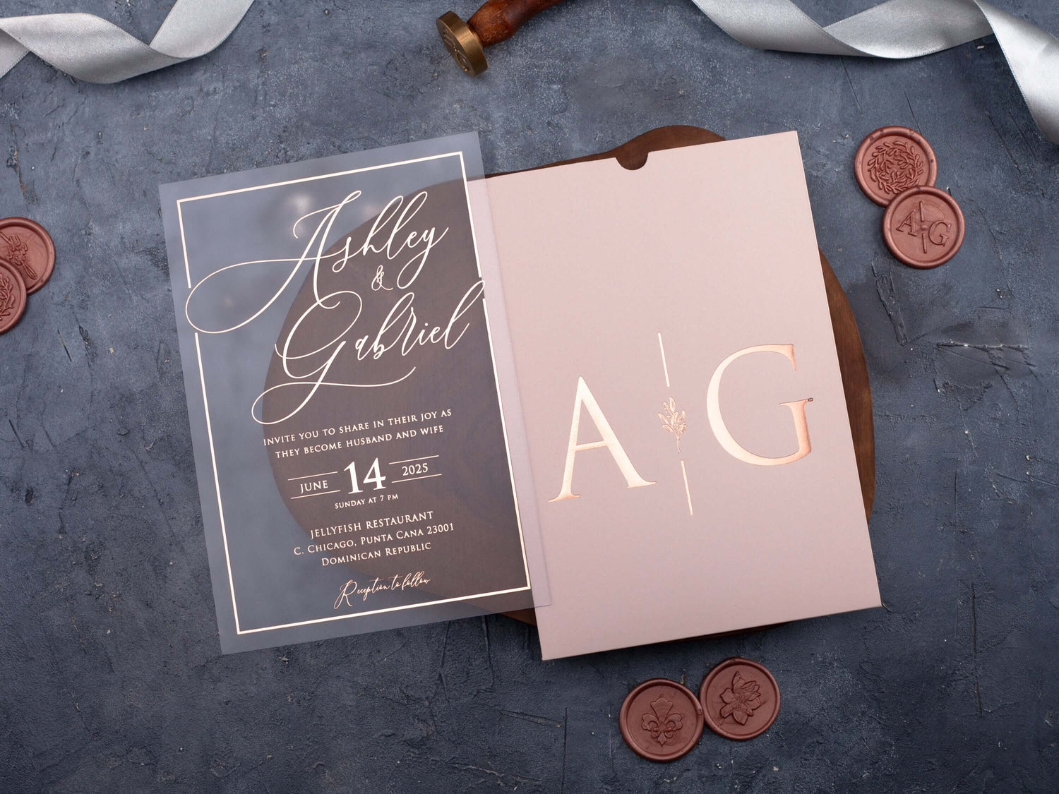 Assortment of acrylic wedding invitations with unique styles