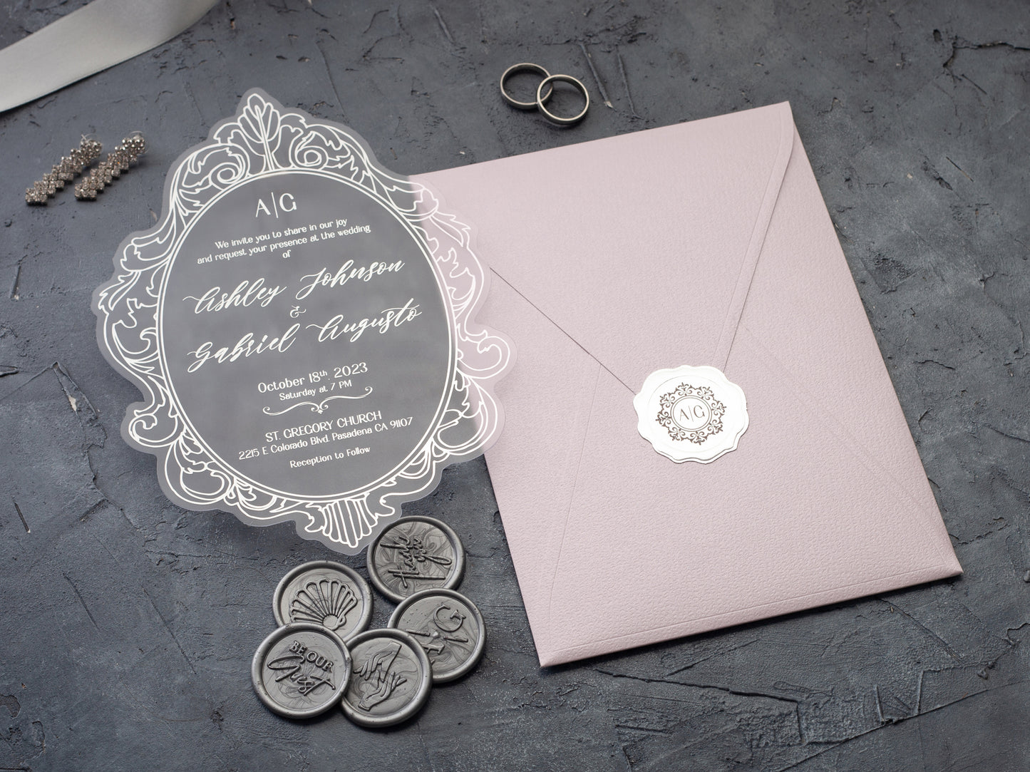 Blush Elegance: Acrylic Wedding Invitations with Silver Foil