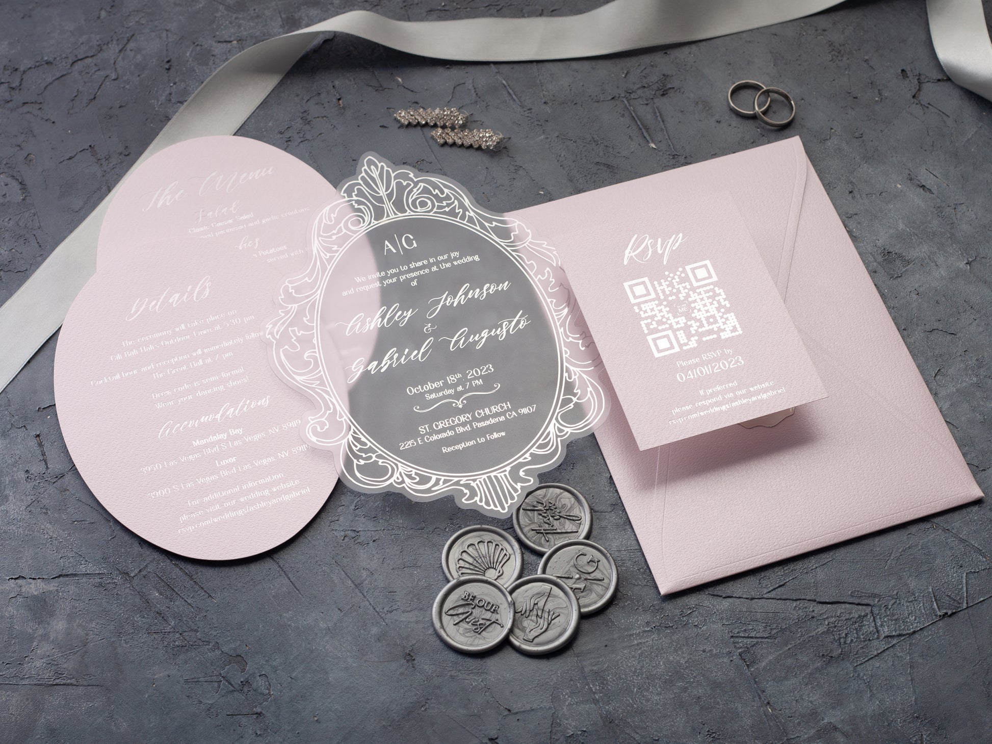 Blush Elegance: Acrylic Wedding Invitations with Silver Foil