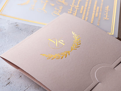 Enchanting Blush Pink Acrylic Wedding Invitations with Gold Foil