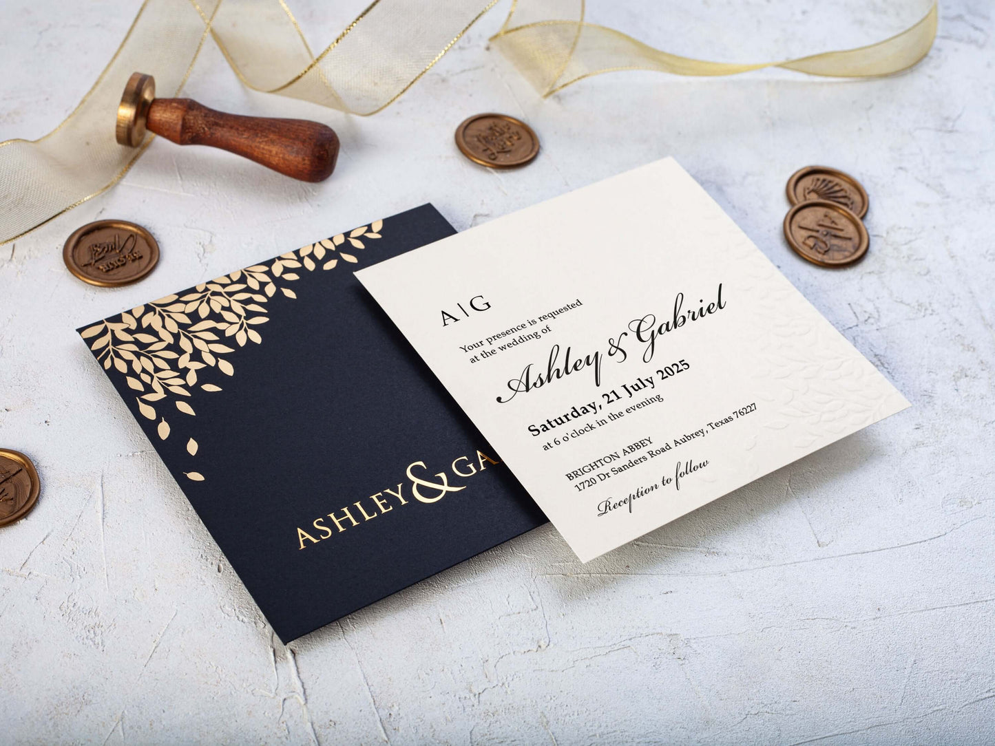 Wedding Invitation with Embossed Leaves | Leaves with Gold Foil Printing on Black Envelope