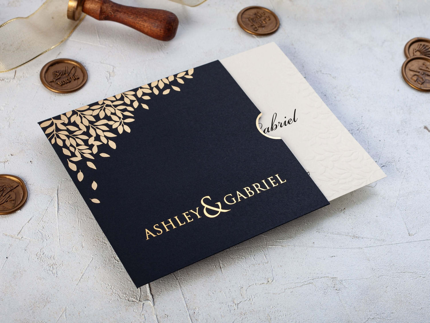 Wedding Invitation with Embossed Leaves | Leaves with Gold Foil Printing on Black Envelope