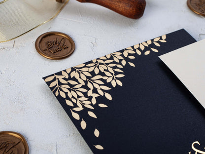 Wedding Invitation with Embossed Leaves | Leaves with Gold Foil Printing on Black Envelope