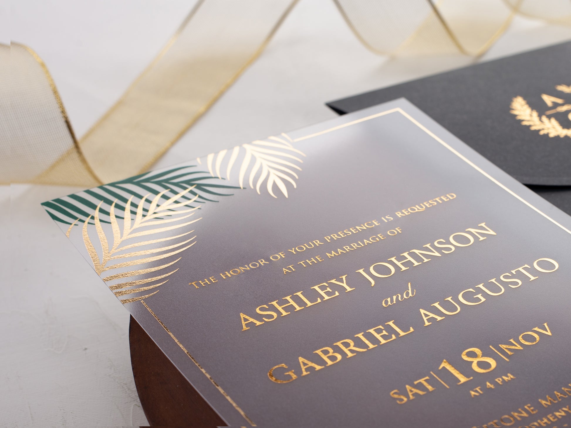 Tropical Details Acrylic Wedding Invitation with Palm Leaves