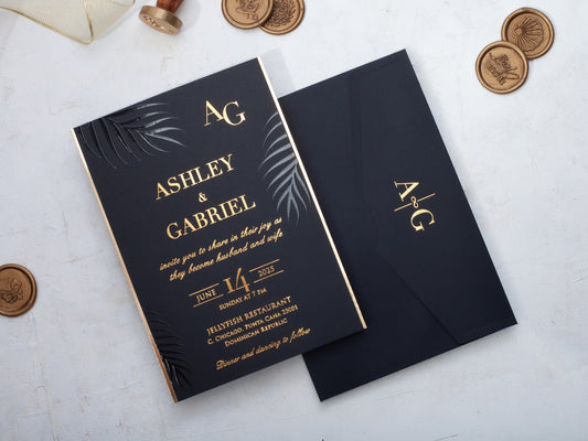 Black Foil Leaf Detailed Black Wedding Invitation, Gold Foil Letter Printing