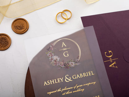 Acrliyc Wedding Invitation with Purple Envelope | Gold Foil Printing