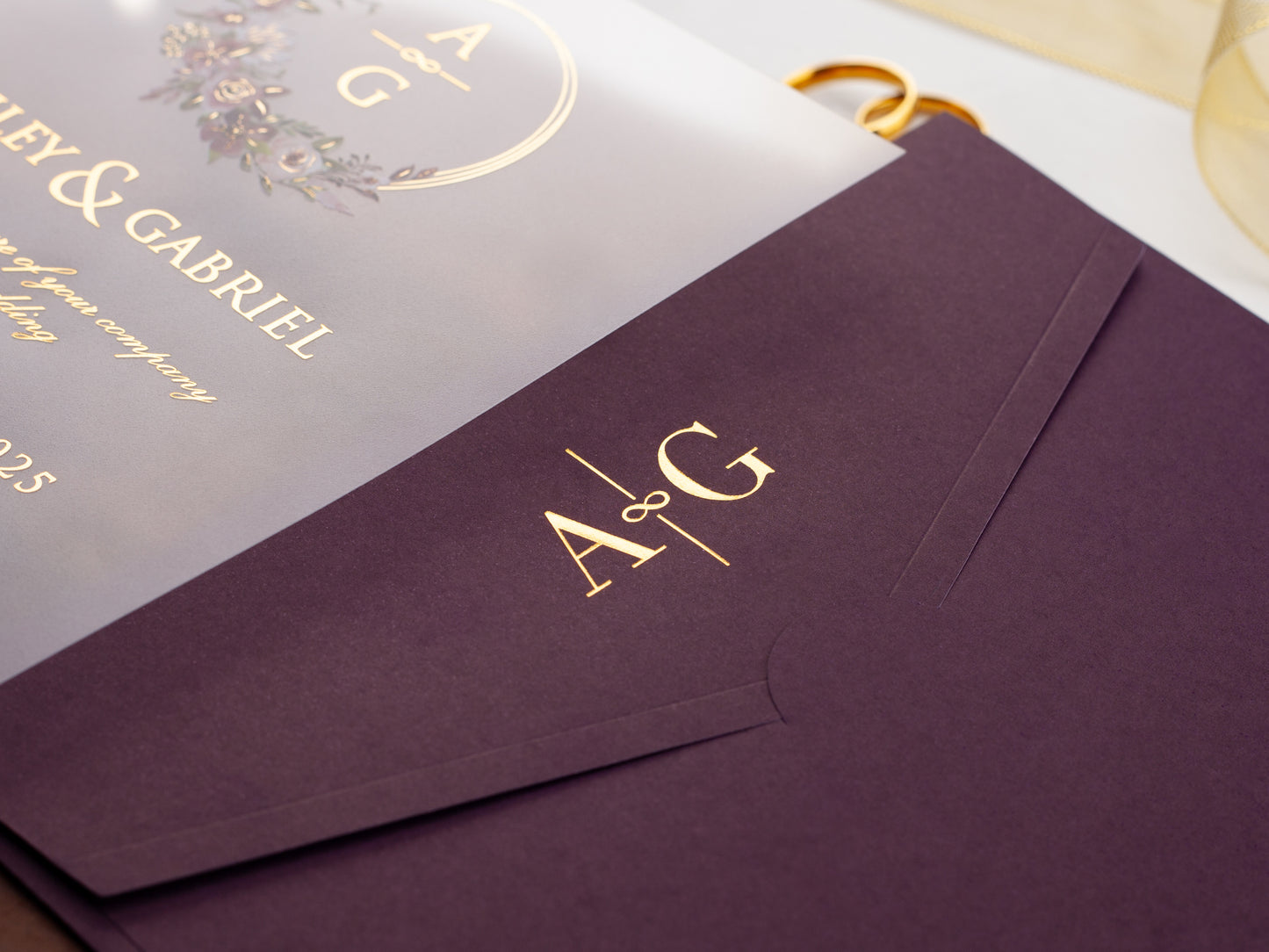 Acrliyc Wedding Invitation with Purple Envelope | Gold Foil Printing