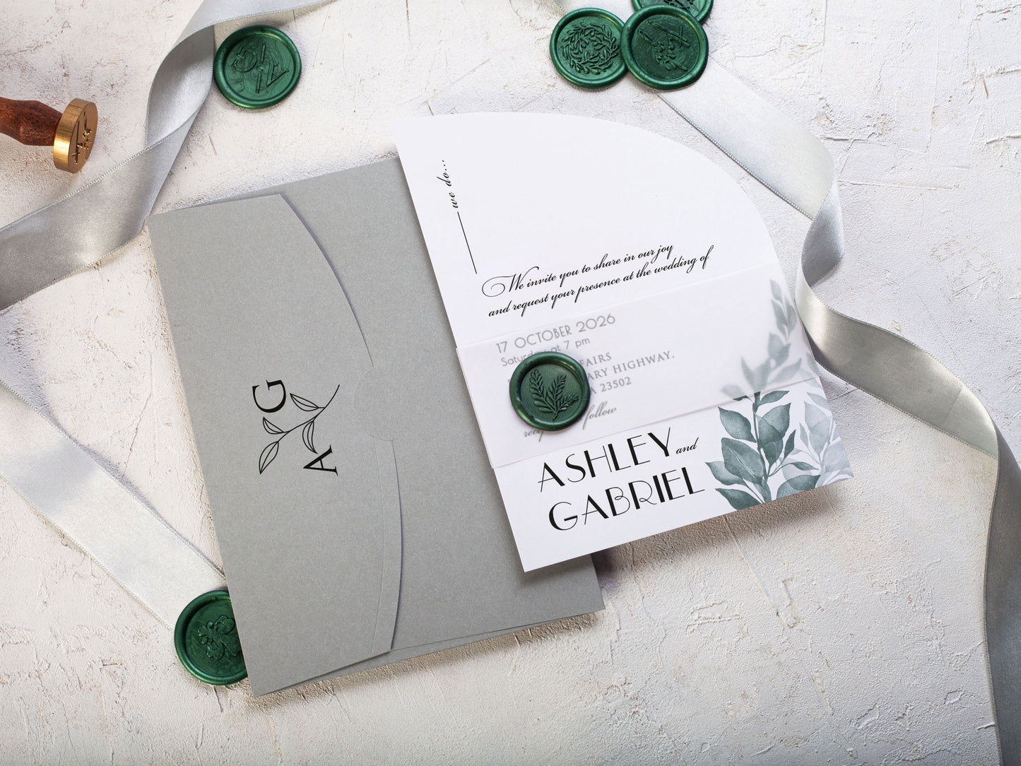 Half Arch Wedding Invitation with Green Leaves Details