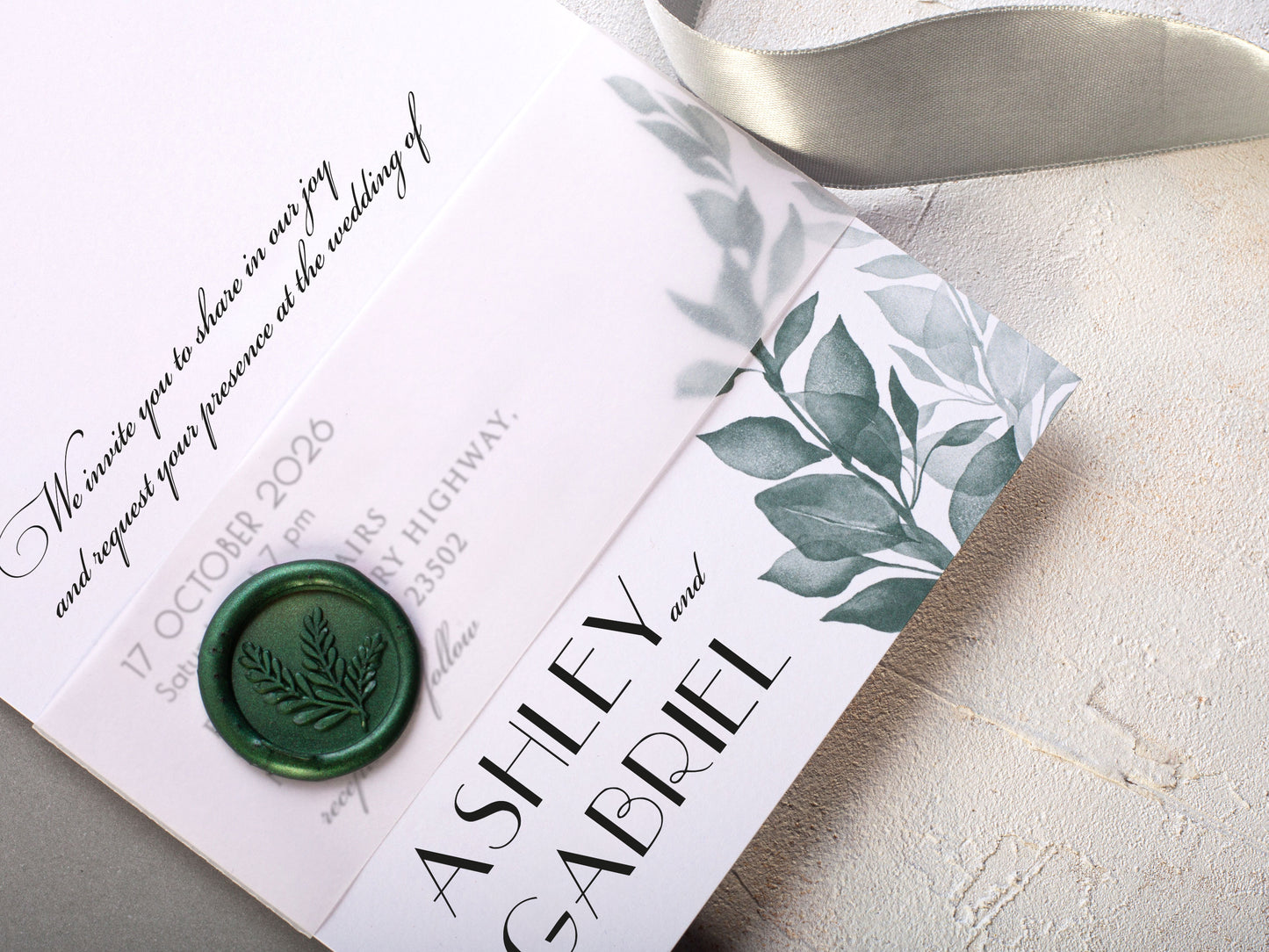 Half Arch Wedding Invitation with Green Leaves Details