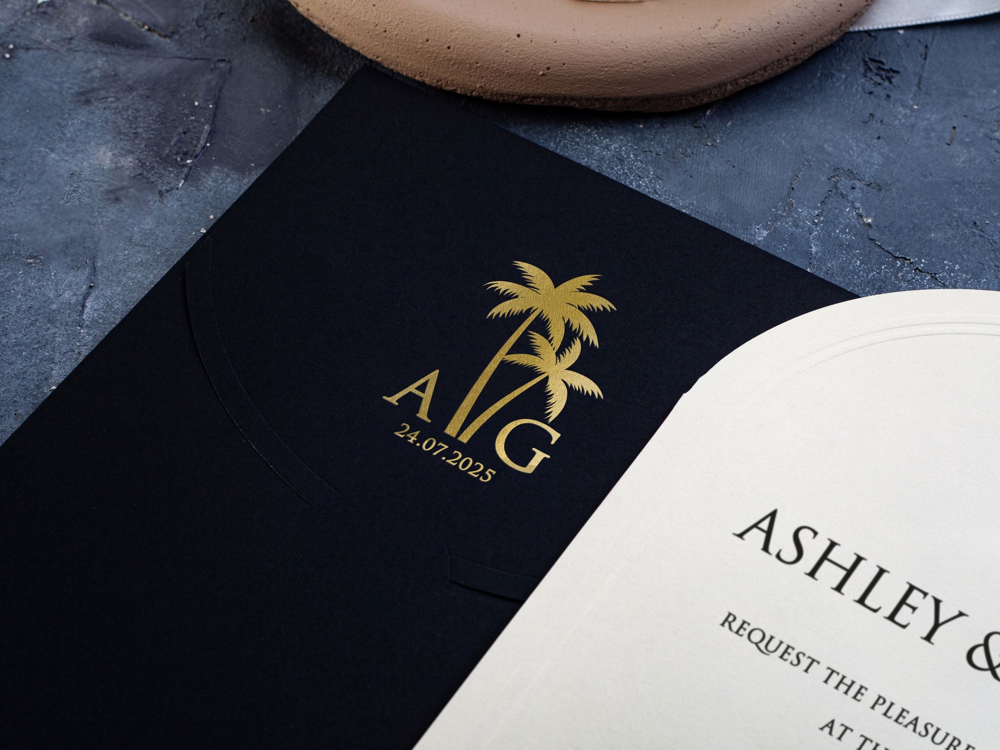 Arch Wedding Invitation with Black Envelope | Gold Foil Palm Tree Detail on Envelope