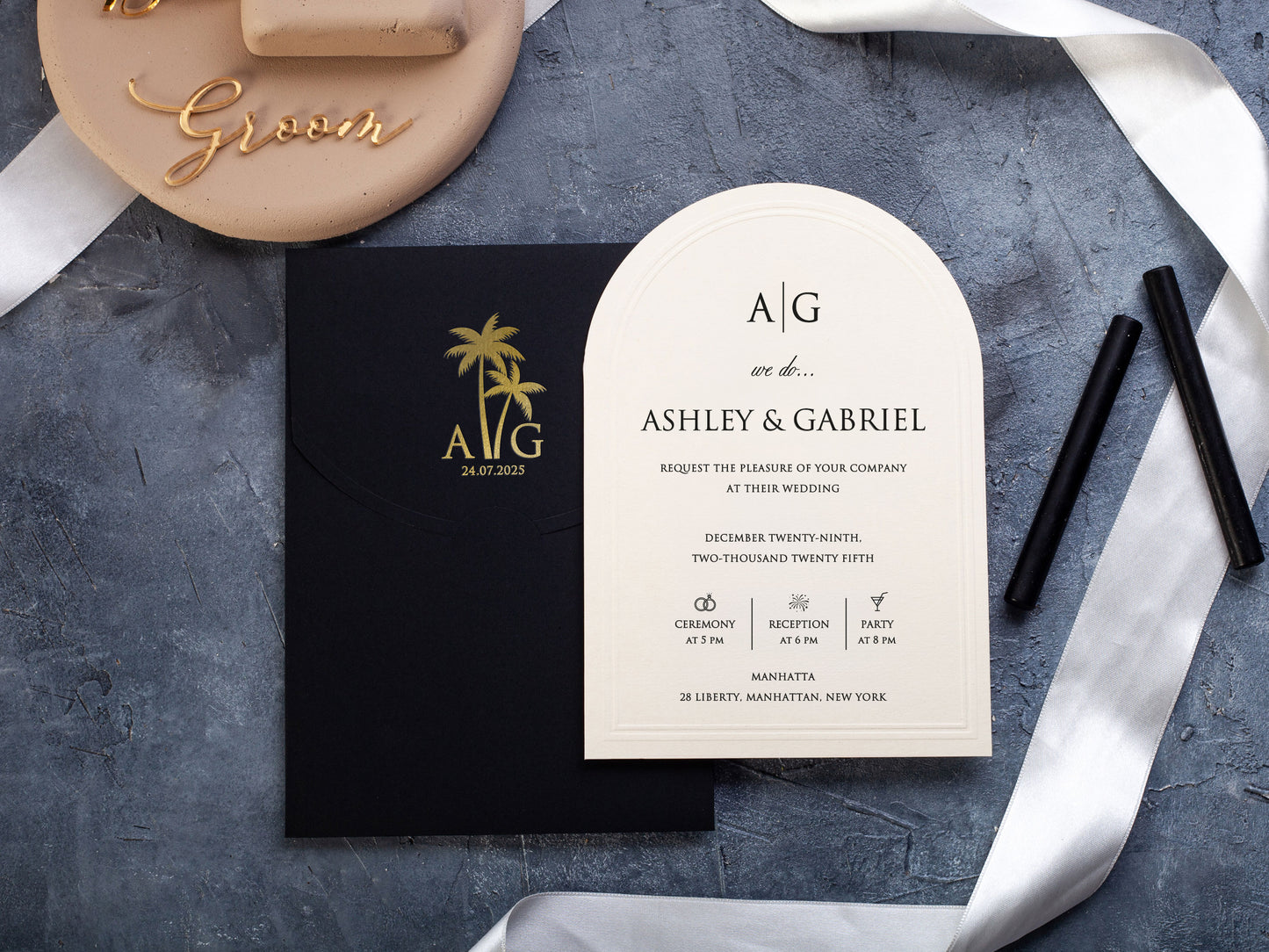 Arch Wedding Invitation with Black Envelope | Gold Foil Palm Tree Detail on Envelope