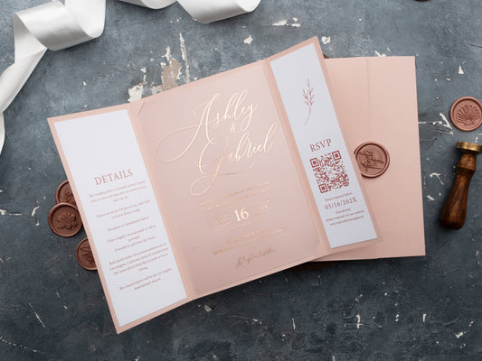 Acrylic Wedding Invitations with Blush Pink Jacket and Rose Gold Foil Printing