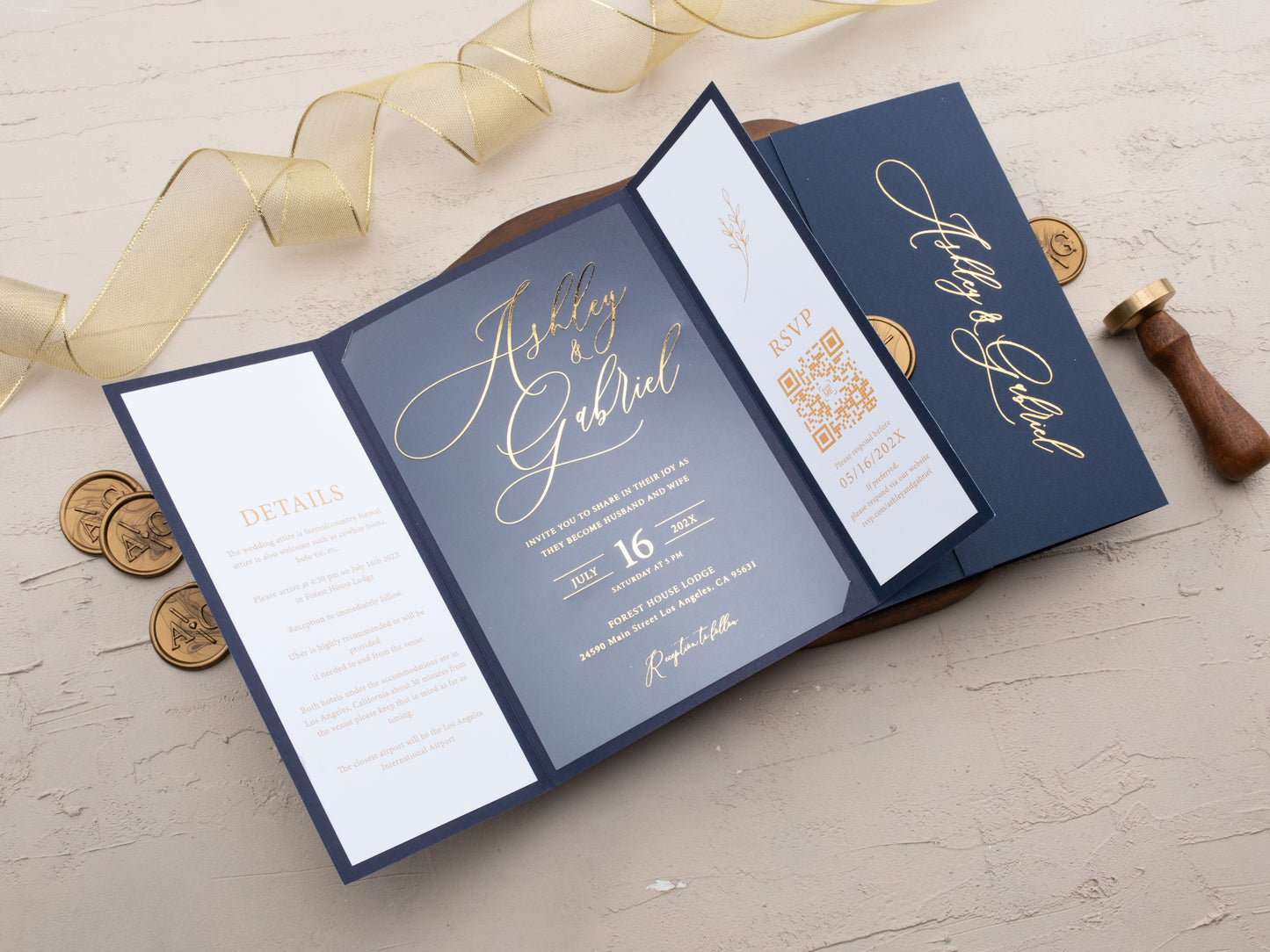 Navy Blue and Gold Wedding Invitations with QR Code RSVP