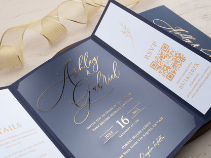 Navy Blue and Gold Wedding Invitations with QR Code RSVP