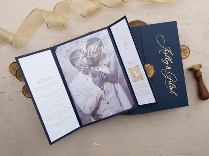 Navy Blue and Gold Wedding Invitations with QR Code RSVP