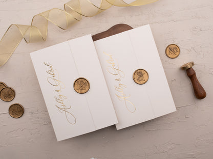Elegant wedding invitation set in ivory and gold with QR code RSVP