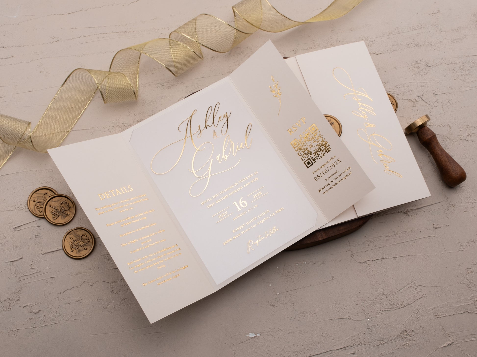 Ivory and gold wedding invitation with acrylic card and wax seal