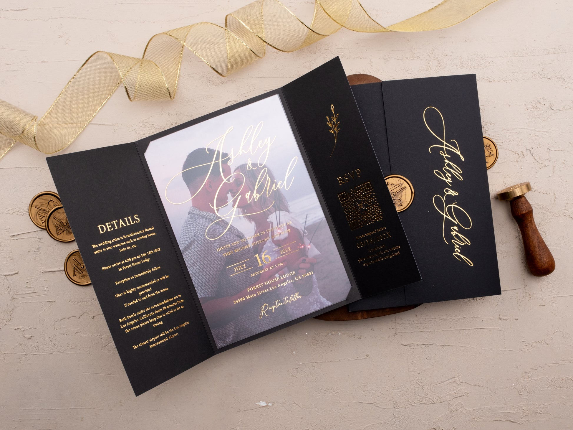 Photo-insert wedding invitation with black and gold design and wax seal
