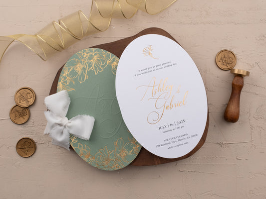 Sage green floral embossed wedding jacket with gold detailing and ribbon wrap