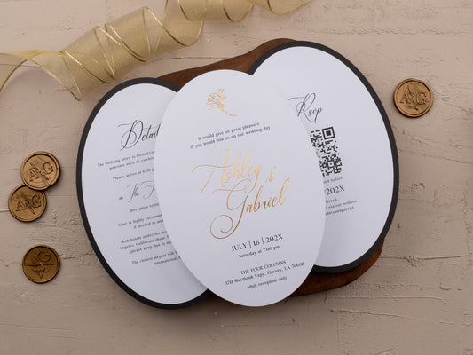 Black & Gold Oval Wedding Invitation with QR Rsvp and Details
