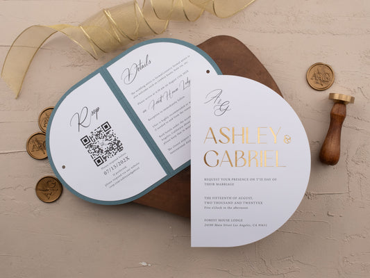 Dusty blue wedding invitation with gold foil print with Rsvp and Details Print
