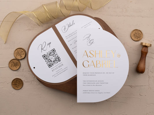 Modern brown wedding invitation with gold foil arch design, white insert card, ribbon tie, and QR code RSVP 