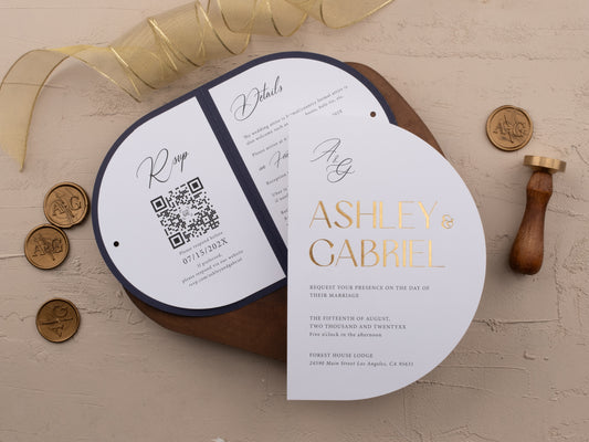Navy blue wedding invitation with QR Rsvp and Details Card