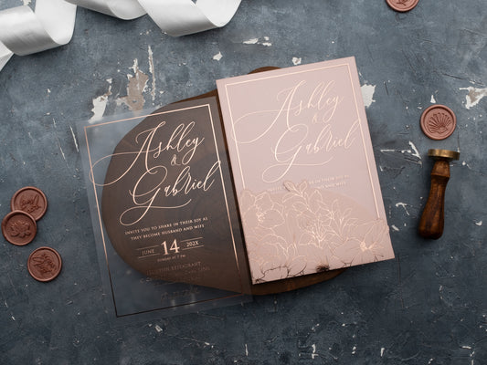 Blush Pink Acrylic Wedding Invitation with Rose Gold Foil