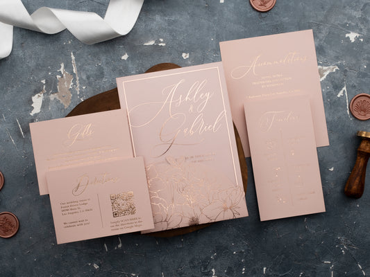 Blush Pink Acrylic Wedding Invitation with Rose Gold Foil and additional cards
