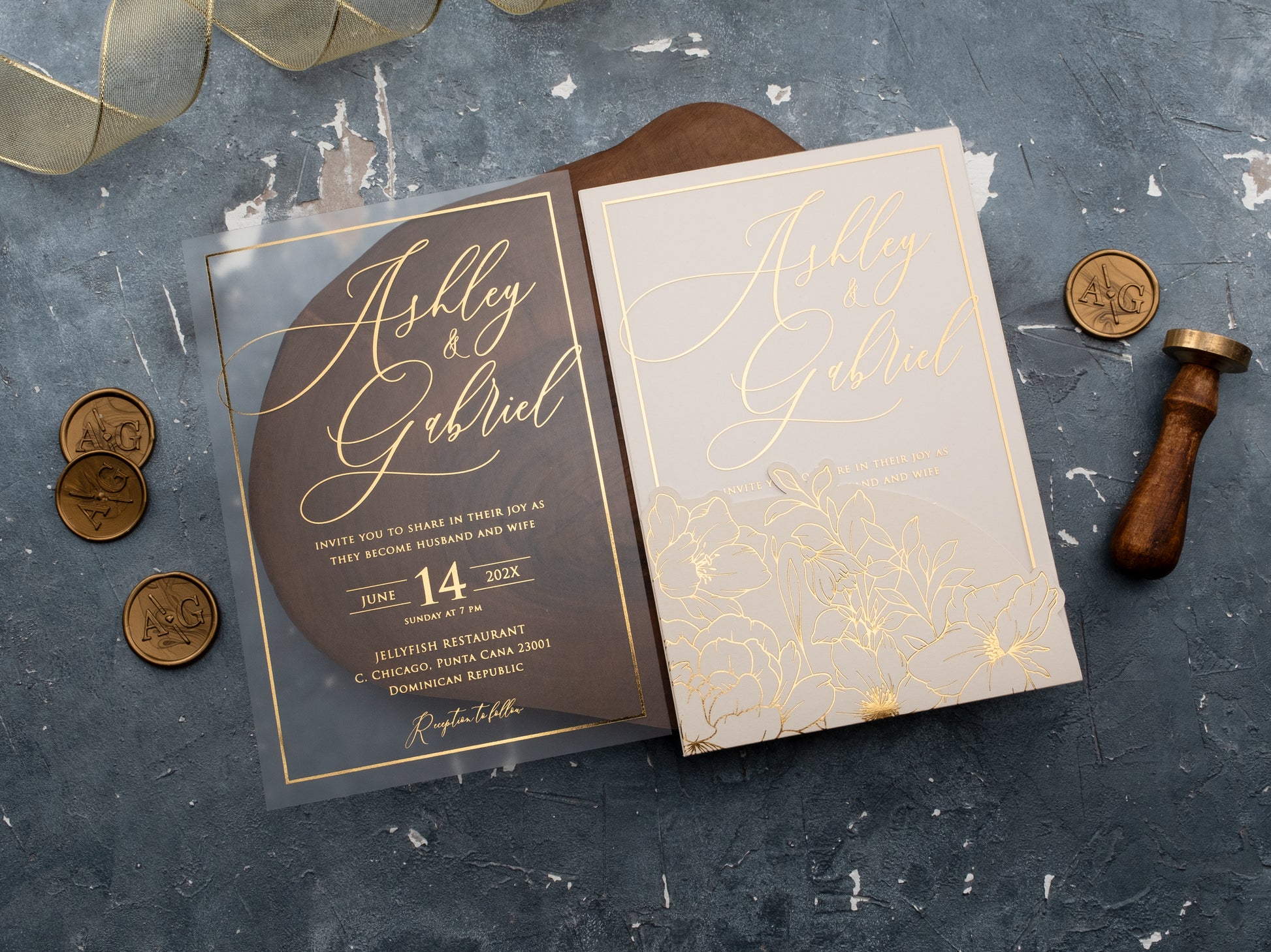 Elegant cream acrylic wedding invitation set with floral wrap

