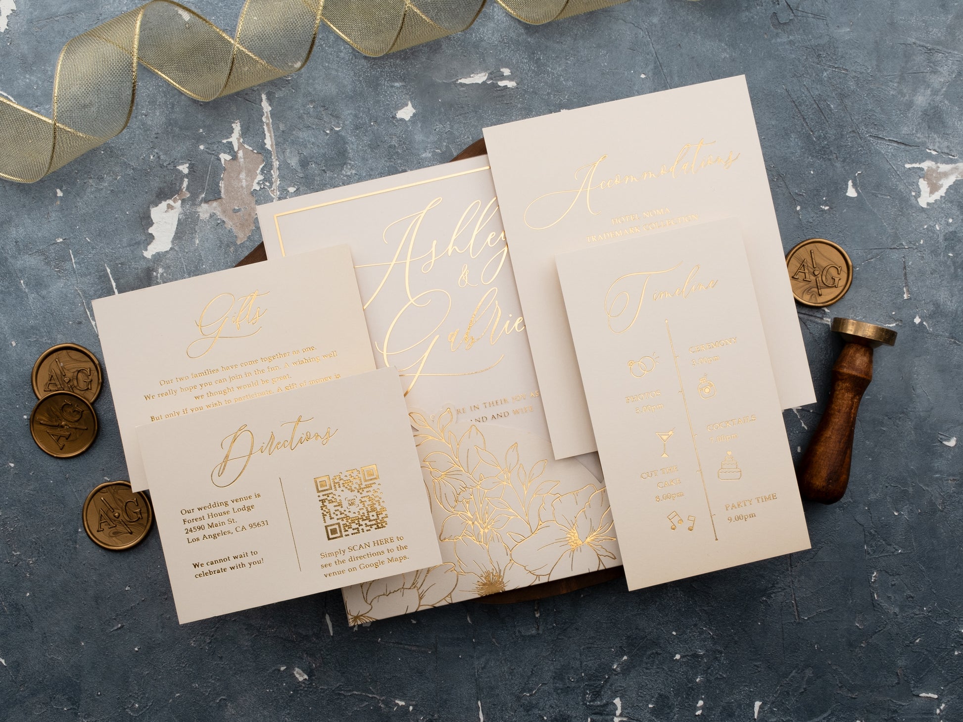Luxury cream wedding invitation suite with RSVP and timeline cards

